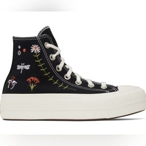 Converse High Top Platform, size 7, Black with floral and mushroom embroidery